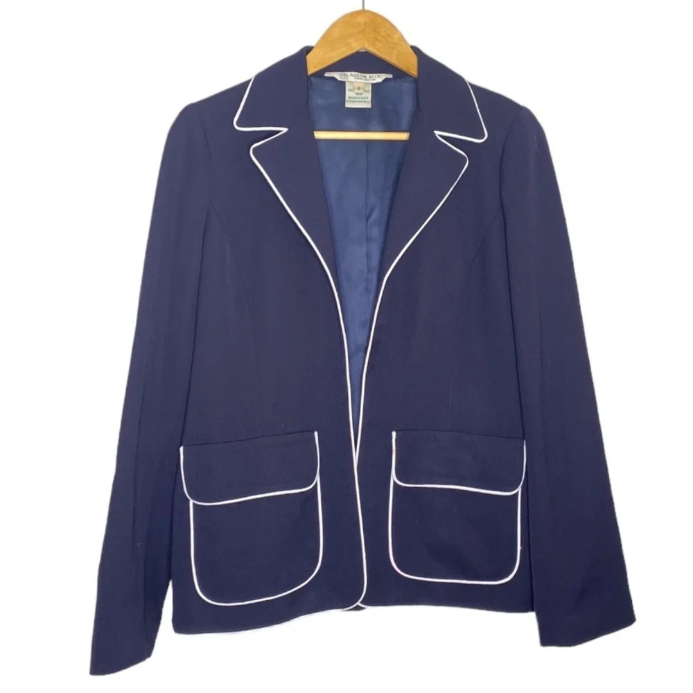 Austin Reed Vintage Navy Blue White Piping 100% Worsted Wool Blazer Women's 6